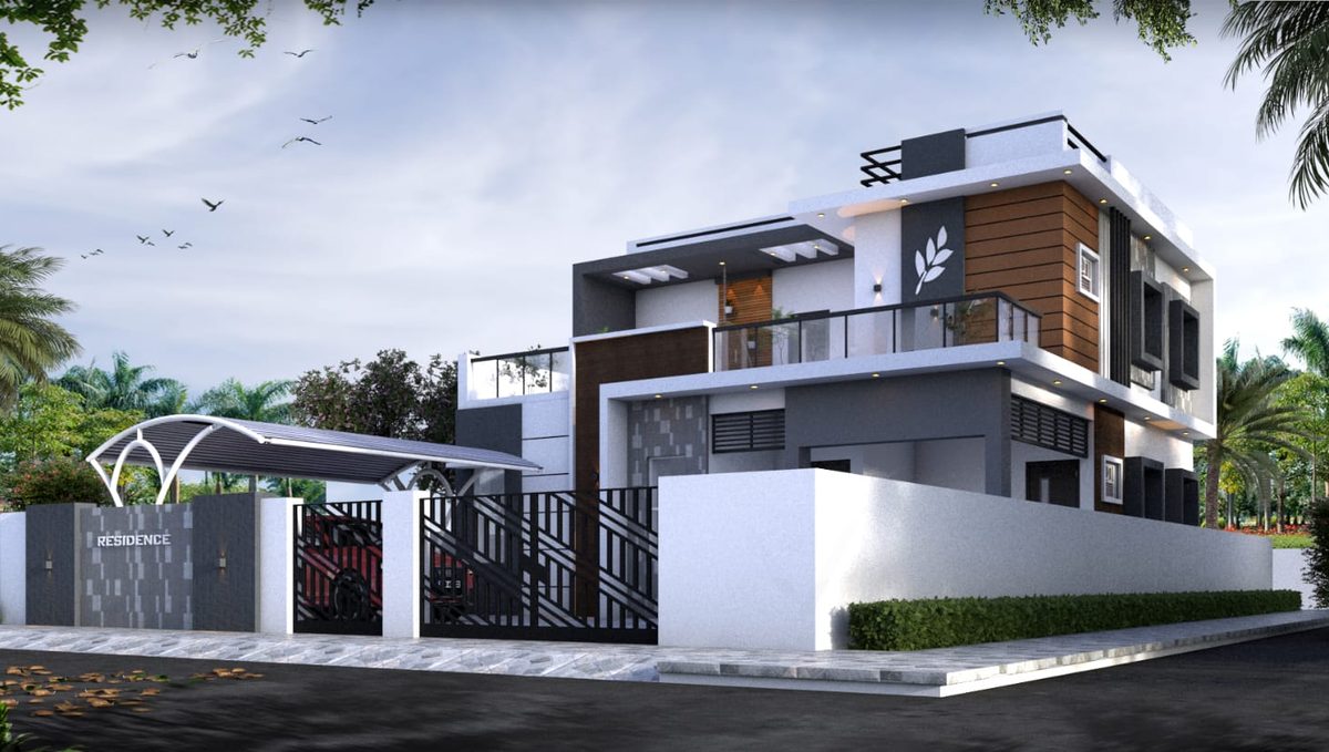 3D elevation design of a Ground + 1 corner residence with an arched carport and slatted gate, by Lakshmi Builders for a client in Tanjore
