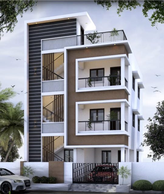 3D elevation design of a Ground + 2 building with stacked balconies and an open stair core, by Lakshmi Builders for a client in Nava India