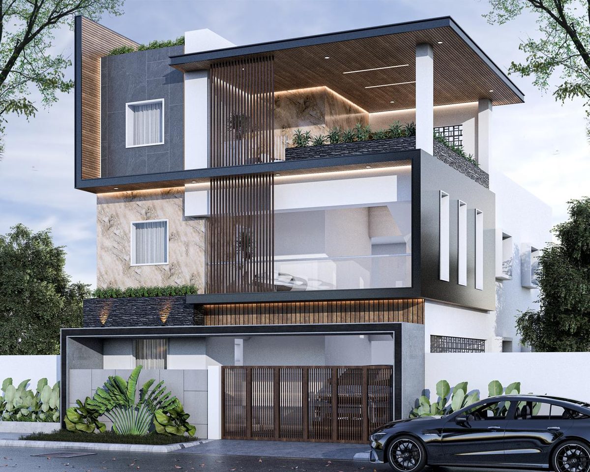 3D elevation design of a Ground + 2 residence with a glazed first floor, timber slats and a roof terrace garden, by Lakshmi Builders for a client in Erode