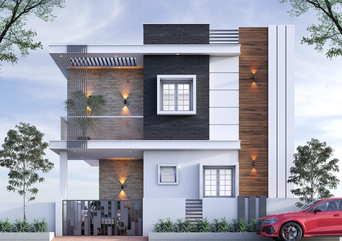 3D elevation design of a Ground + 1 residence in dark stone, white render and timber, by Lakshmi Builders for a client in Onampalayam