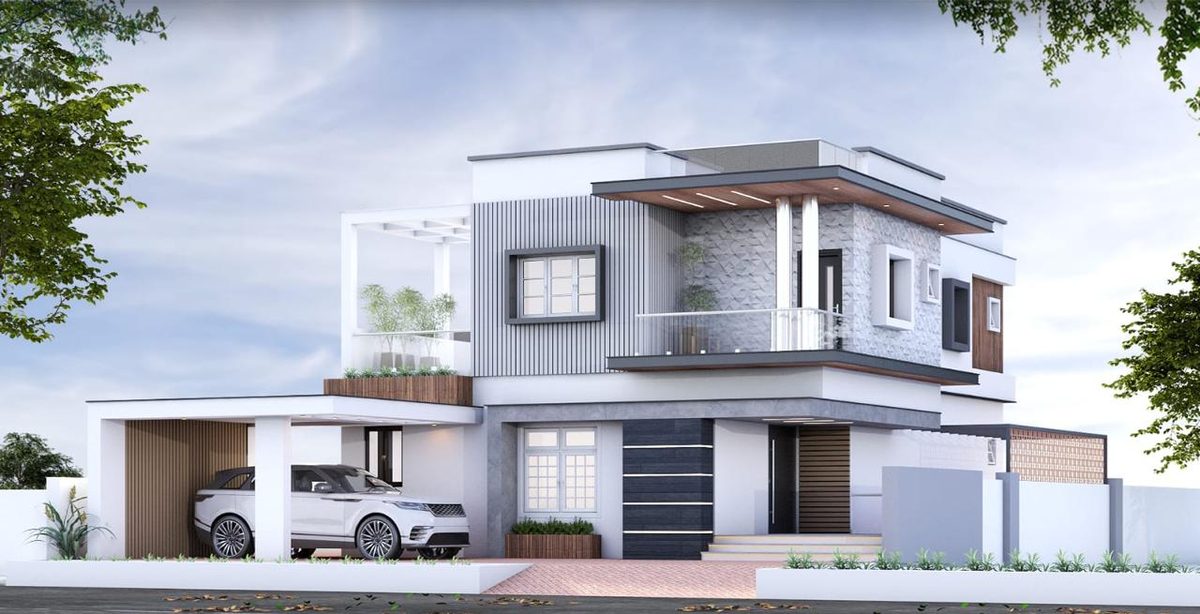 3D elevation design of a Ground + 1 residence with a side carport and cantilevered balcony, by Lakshmi Builders for a client in Perur