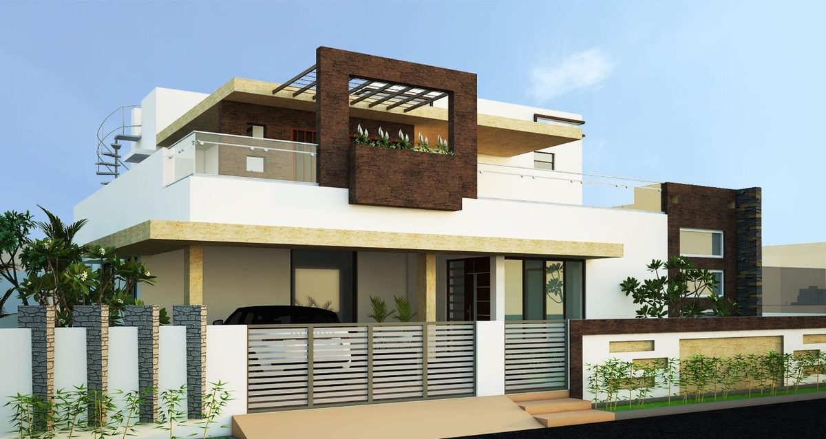 3D elevation design of a Ground + 1 residence with a framed pergola terrace and stone-clad gate pillars, by Lakshmi Builders for a client in Sanganoor