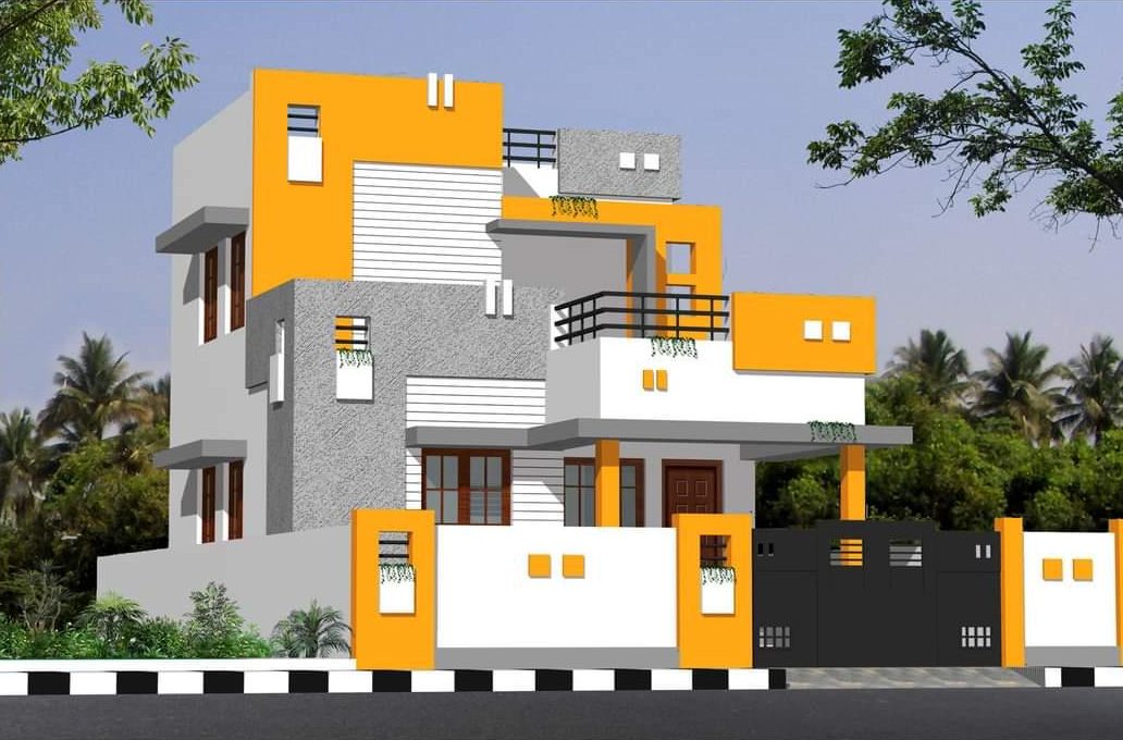 3D elevation design of a Ground + 1 residence in white, grey and marigold yellow, by Lakshmi Builders for a client in Vadavalli